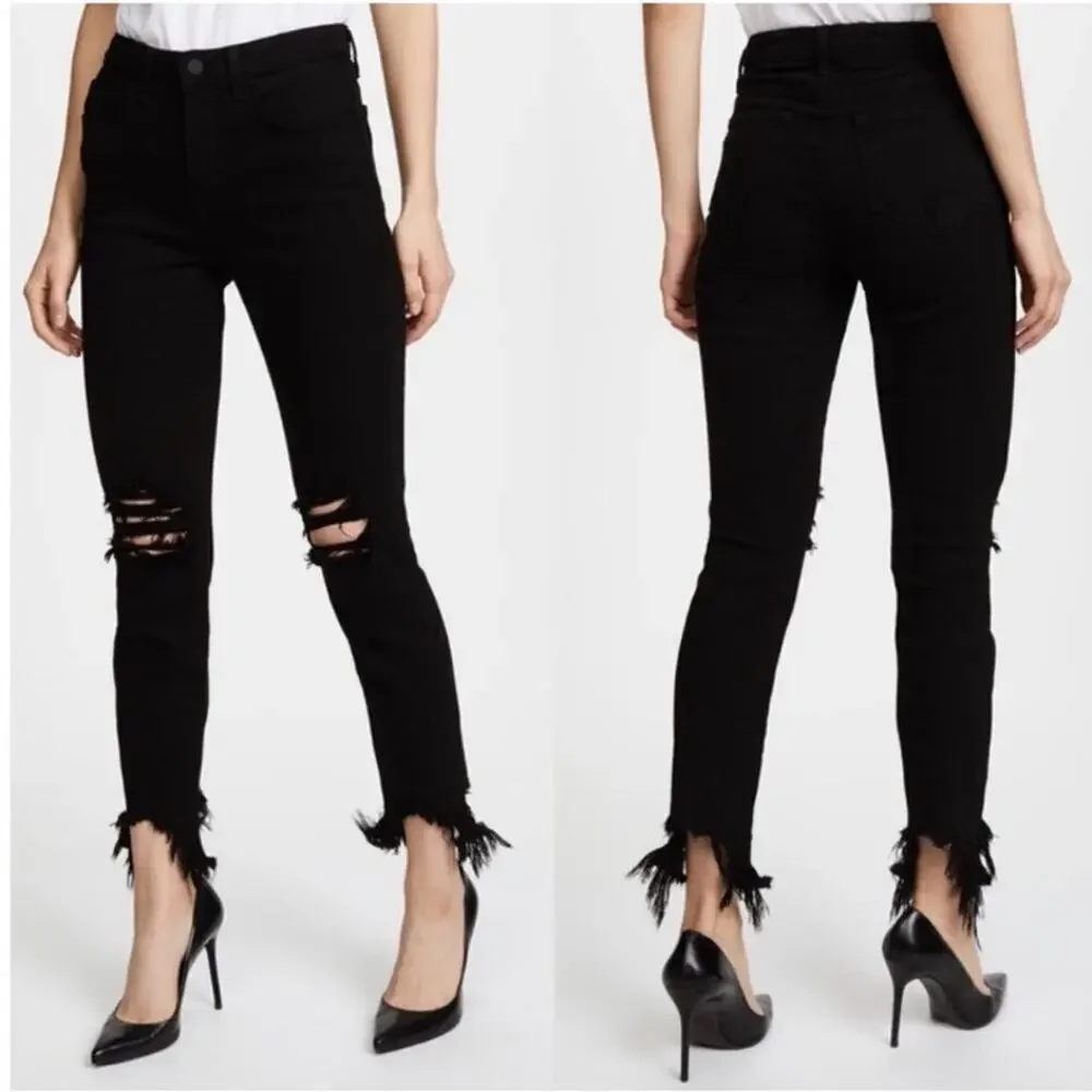 L'AGENCE High Line Skinny Crop Black Distressed Knee Jeans - Picture 2 of 6